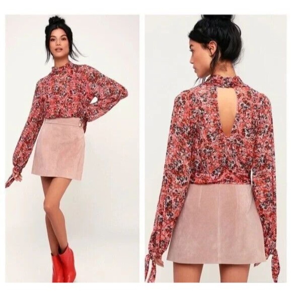 Free People All Dolled Up Top  Size XS  NWOT  Orange Floral Mesh LS Shirt